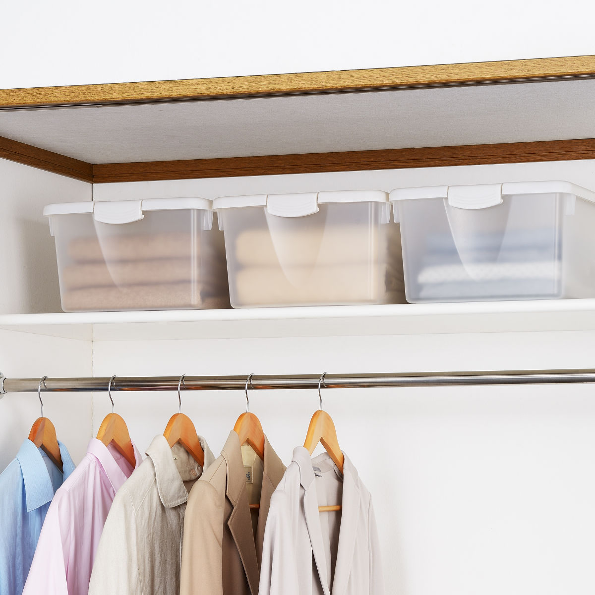 収納ボックス ハコス Mサイズ ふた付き 棚上 ( 収納ケース 収納BOX ボックス ケース 箱 ハコ クローゼット 収納 衣類 おもちゃ箱 プラスチック おもちゃ 玩具 収納用品 ぬいぐるみ 重ねる 重なる ) 【クリアホワイト】 クリアホワイト