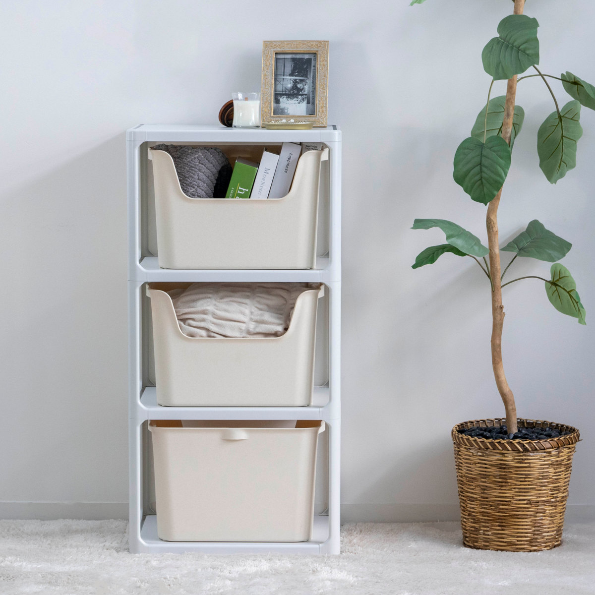 ラック 3段 収納ボックス付き カタス 組立品 日本製 ライトグレー ( 収納ケース 収納 ボックス プラスチック ケース 収納ラック 小物入れ オープンラック シェルフ おもちゃ箱 衣類収納 フリーラック おしゃれ ) 【ピンク】 ピンク