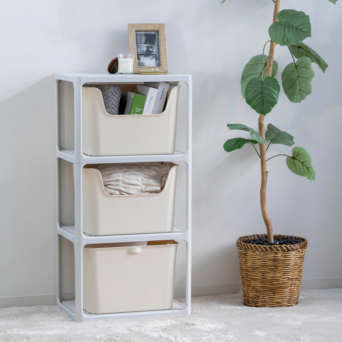 ラック 3段 収納ボックス付き カタス 組立品 日本製 ライトグレー ( 収納ケース 収納 ボックス プラスチック ケース 収納ラック 小物入れ オープンラック シェルフ おもちゃ箱 衣類収納 フリーラック おしゃれ ) 【ピンク】 ピンク