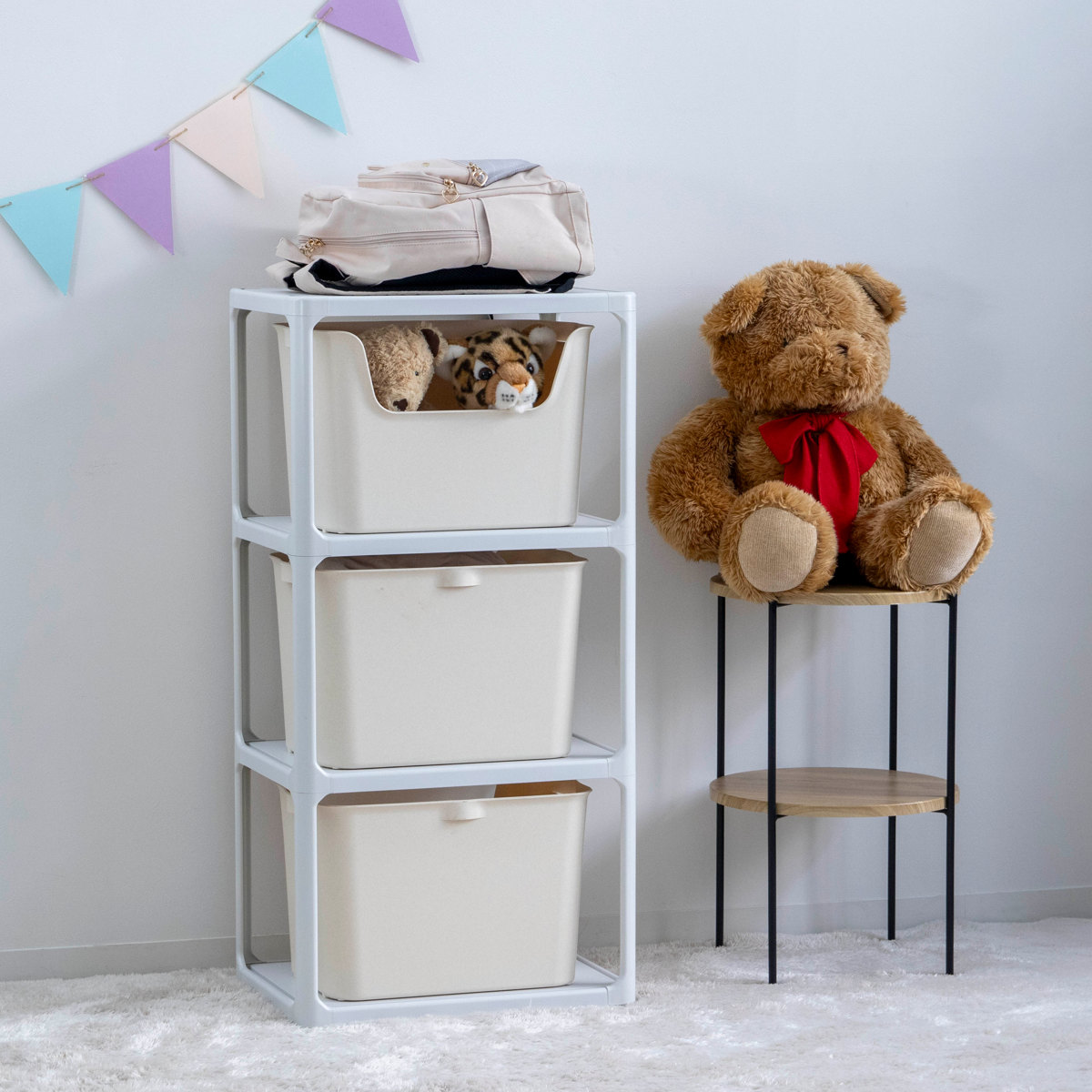 ラック 3段 収納ボックス付き カタス 組立品 日本製 ライトグレー ( 収納ケース 収納 ボックス プラスチック ケース 収納ラック 小物入れ オープンラック シェルフ おもちゃ箱 衣類収納 フリーラック おしゃれ ) 【ピンク】 ピンク