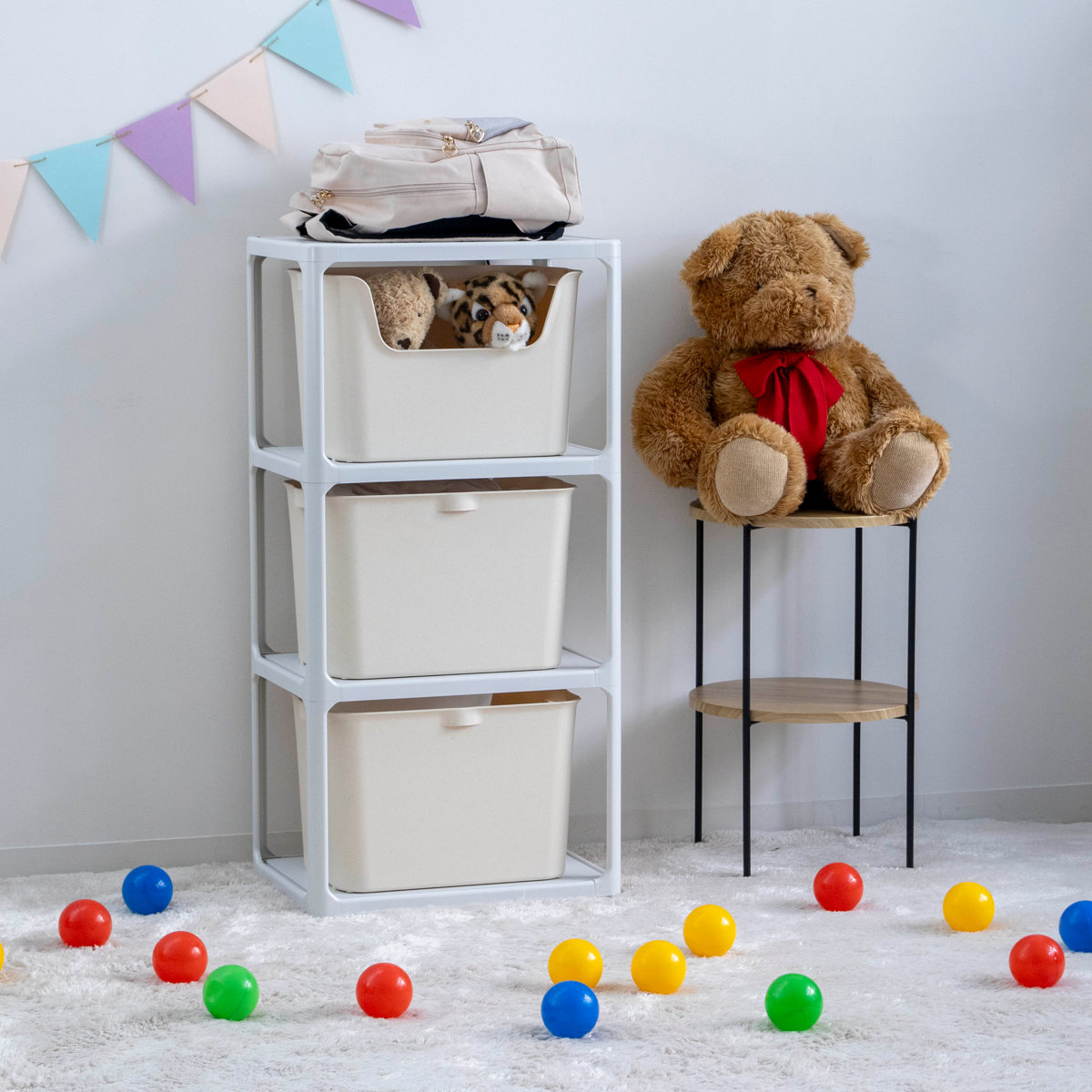 ラック 3段 収納ボックス付き カタス 組立品 日本製 ライトグレー ( 収納ケース 収納 ボックス プラスチック ケース 収納ラック 小物入れ オープンラック シェルフ おもちゃ箱 衣類収納 フリーラック おしゃれ ) 【ピンク】 ピンク