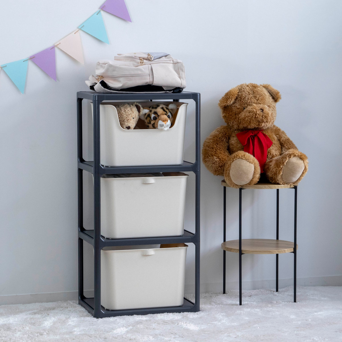 ラック 3段 収納ボックス付き カタス 組立品 日本製 ダークグレー ( 収納ケース 収納 ボックス プラスチック ケース 収納ラック 小物入れ オープンラック シェルフ おもちゃ箱 衣類収納 フリーラック おしゃれ ) 【ピンク】 ピンク