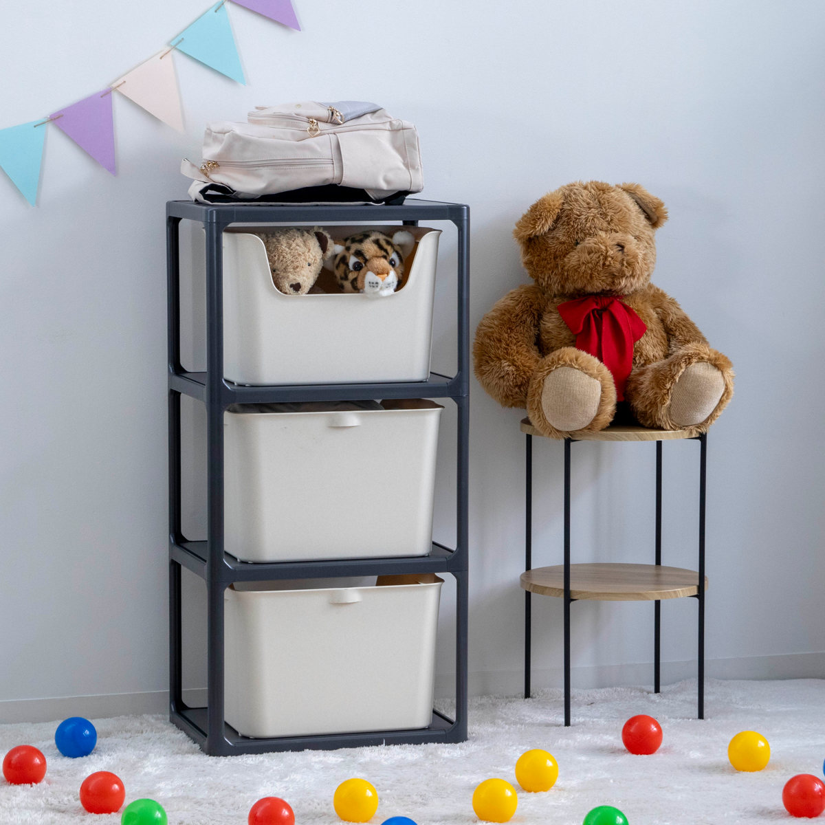 ラック 3段 収納ボックス付き カタス 組立品 日本製 ダークグレー ( 収納ケース 収納 ボックス プラスチック ケース 収納ラック 小物入れ オープンラック シェルフ おもちゃ箱 衣類収納 フリーラック おしゃれ ) 【ピンク】 ピンク