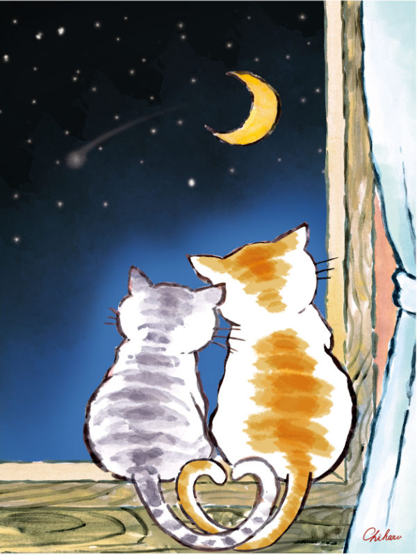 絵画 『三日月夜のねこ』 52×42cm 千春 額入り 巧芸画 インテリア （ 壁掛け ポスター アートフレーム アートポスター 絵 風水 ねこ ネコ  猫 玄関 リビング 廊下 壁飾り 明るい 店舗 おしゃれ ）