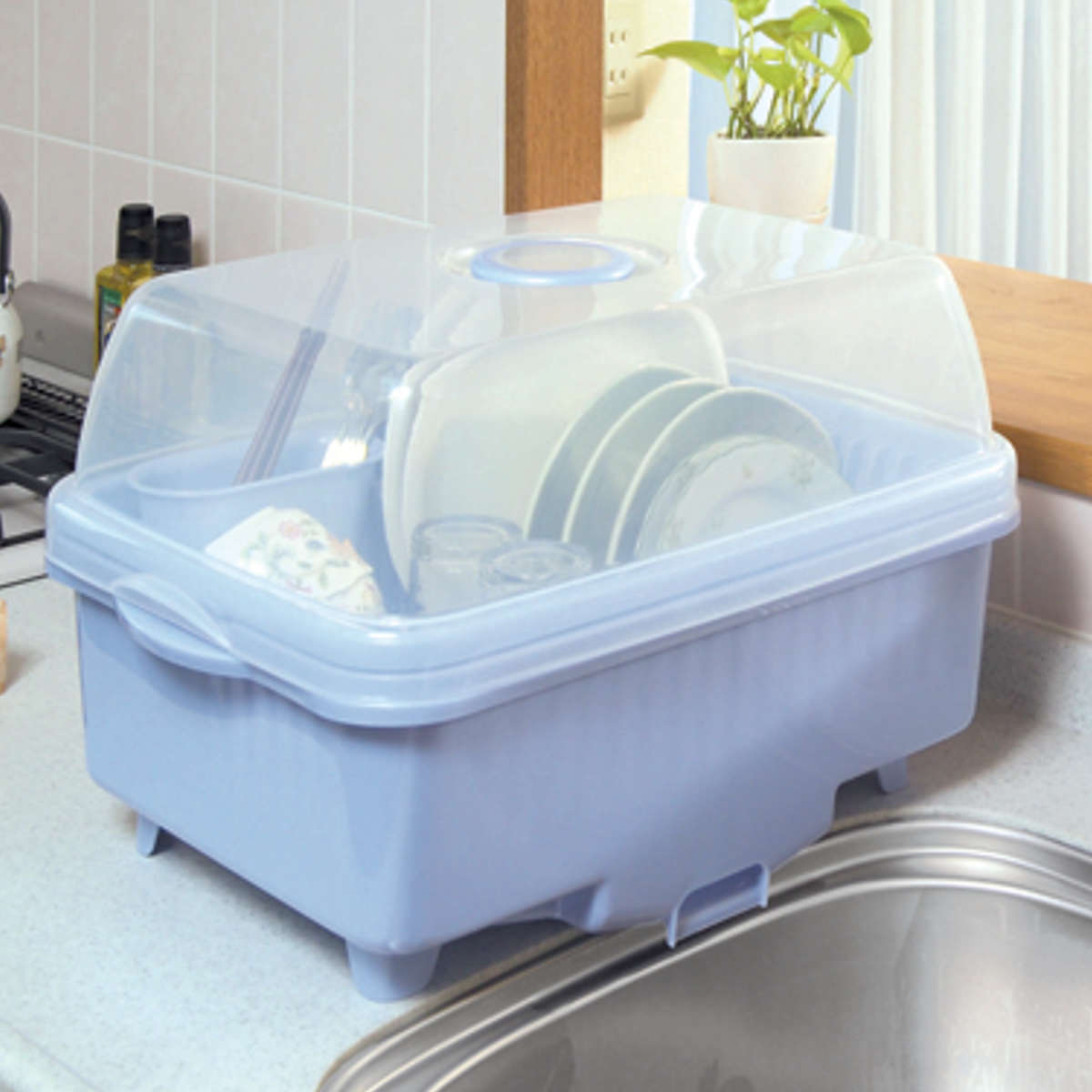 水切りカゴ 皿立て 水切り 流 フード付 大サイズ ( 水切りラック 水切りかご 洗い桶 シンク上 水切りバスケット フード付き フタ付き 蓋 カバー 大容量 洗い物 食器 洗い 収納 乾燥 ラック 水が流れる カトラリーポケット ) 【パールブルー】 パールブルー