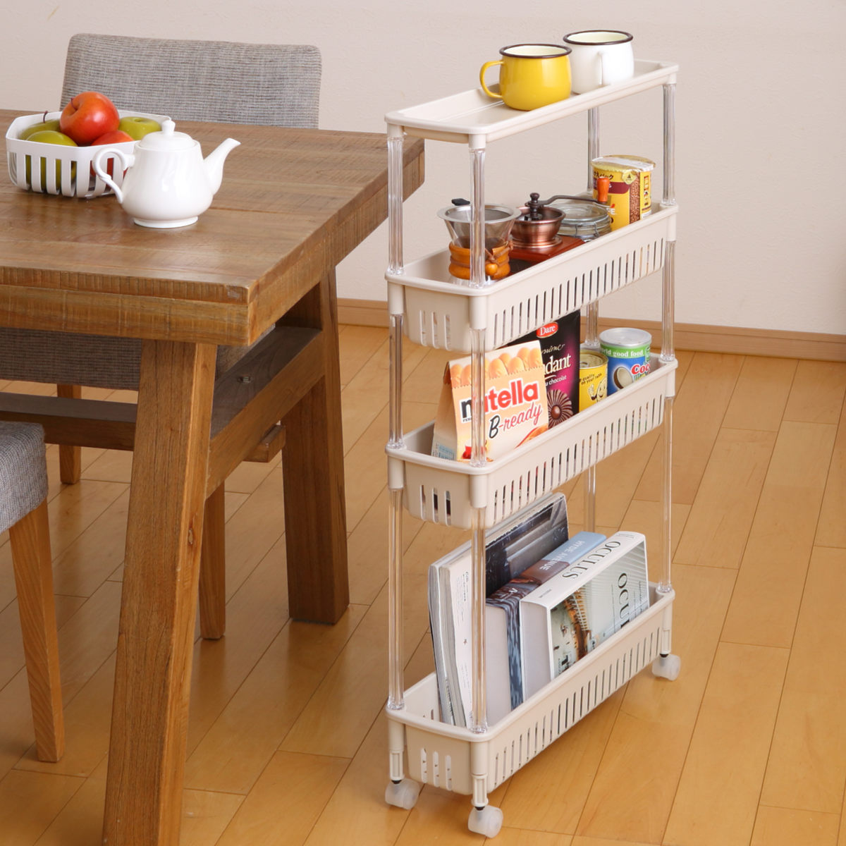 キッチンワゴン ルーチェワゴン 4段 幅15.2cm 奥行49.9cm 高さ87.4cm ( キャスター付き 天板付き キッチンストッカー 日本製 マルチワゴン キッチンラック ワゴン ラック 収納 ワゴン収納 バスケットワゴン キッチン 洗面所 四段 ) 【ホワイト】 ホワイト