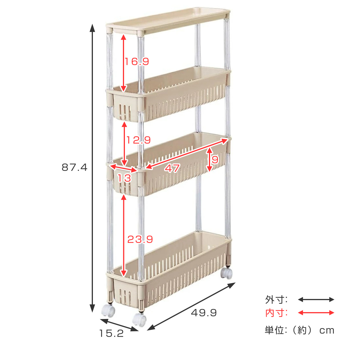 キッチンワゴン ルーチェワゴン 4段 幅15.2cm 奥行49.9cm 高さ87.4cm ( キャスター付き 天板付き キッチンストッカー 日本製 マルチワゴン キッチンラック ワゴン ラック 収納 ワゴン収納 バスケットワゴン キッチン 洗面所 四段 ) 【ホワイト】 ホワイト
