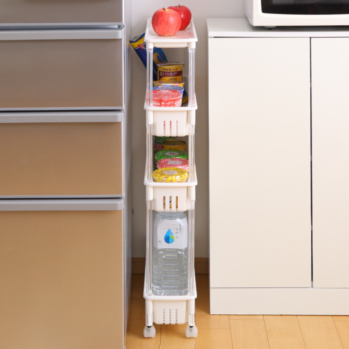 キッチンワゴン ルーチェワゴン 4段 幅15.2cm 奥行49.9cm 高さ87.4cm ( キャスター付き 天板付き キッチンストッカー 日本製 マルチワゴン キッチンラック ワゴン ラック 収納 ワゴン収納 バスケットワゴン キッチン 洗面所 四段 ) 【ホワイト】 ホワイト