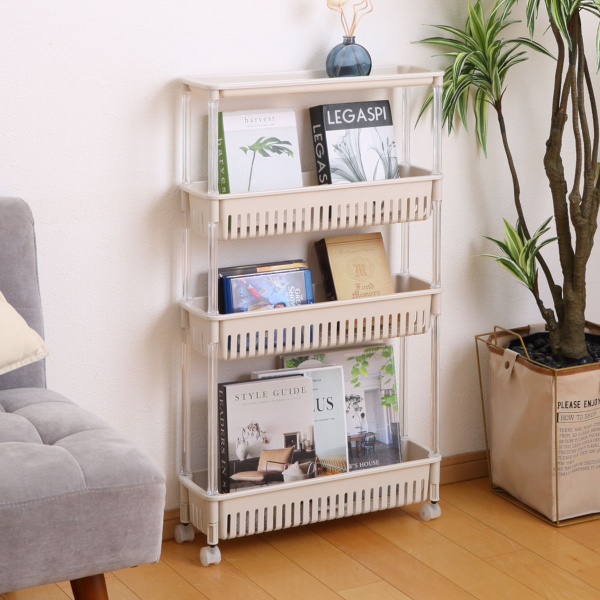 キッチンワゴン ルーチェワゴン 4段 幅15.2cm 奥行49.9cm 高さ87.4cm ( キャスター付き 天板付き キッチンストッカー 日本製 マルチワゴン キッチンラック ワゴン ラック 収納 ワゴン収納 バスケットワゴン キッチン 洗面所 四段 ) 【ホワイト】 ホワイト