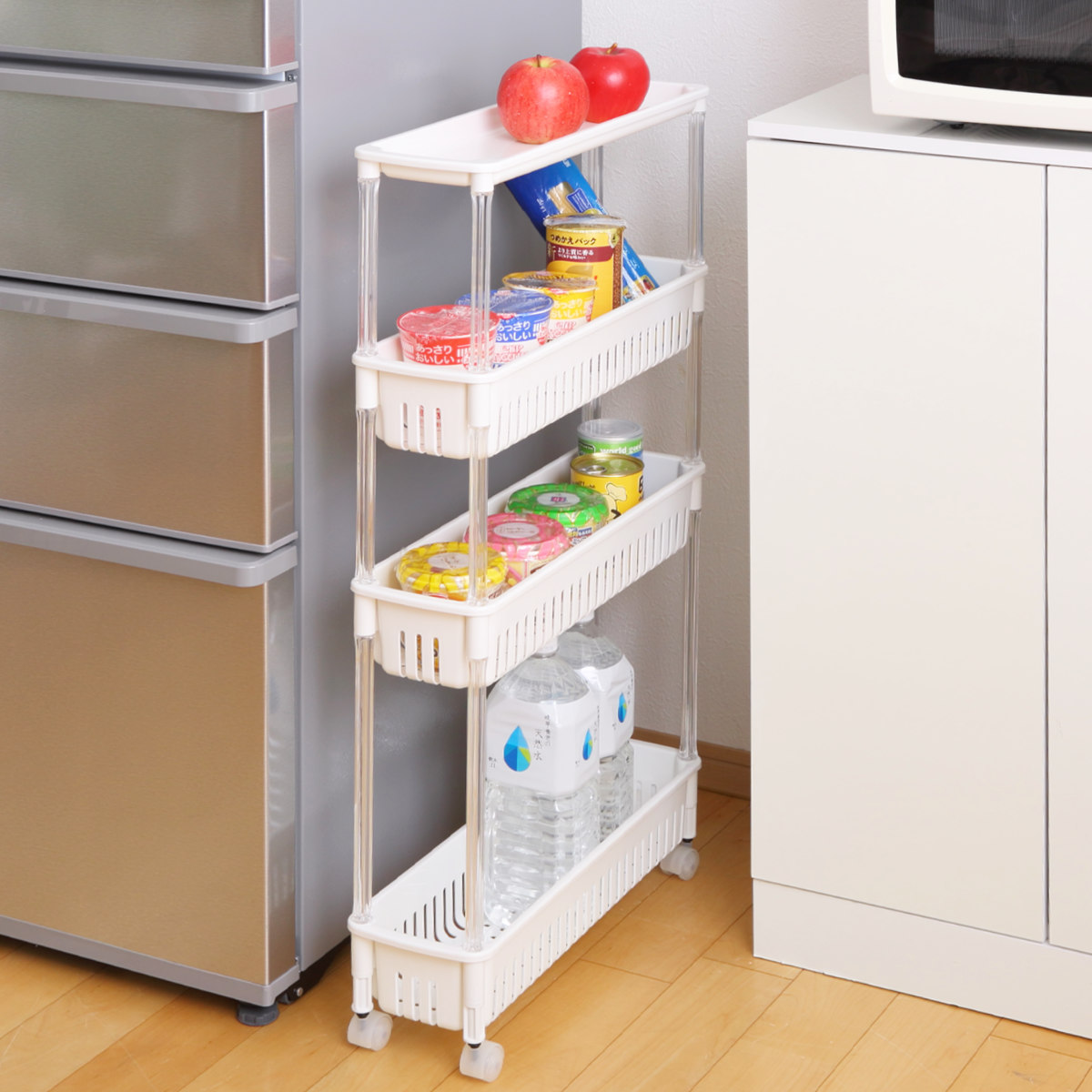 キッチンワゴン ルーチェワゴン 4段 幅15.2cm 奥行49.9cm 高さ87.4cm ( キャスター付き 天板付き キッチンストッカー 日本製 マルチワゴン キッチンラック ワゴン ラック 収納 ワゴン収納 バスケットワゴン キッチン 洗面所 四段 ) 【ホワイト】 ホワイト