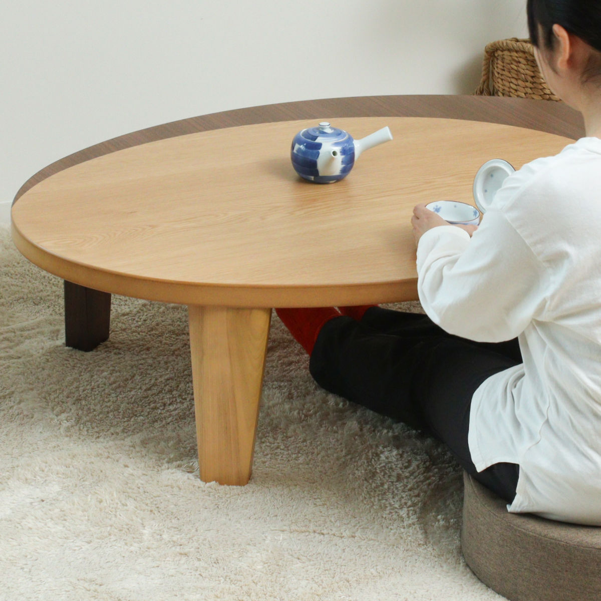 座卓 幅120cm オーバル型 折れ脚 クラン 木製 完成品 日本製