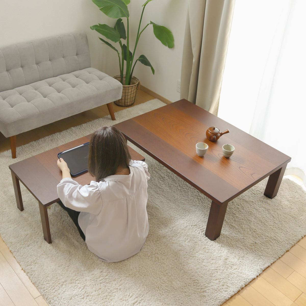 ローテーブル 折りたたみ 角型 ミニテーブル付 小春 ( センターテーブル 木製 天然木 大 小 レイアウト 自由 L字 対面 リビングテーブル 座卓 日本製 食卓 机 テーブル 完成品 和室 ちゃぶ台 折り畳み 折れ脚 作業 学習 )