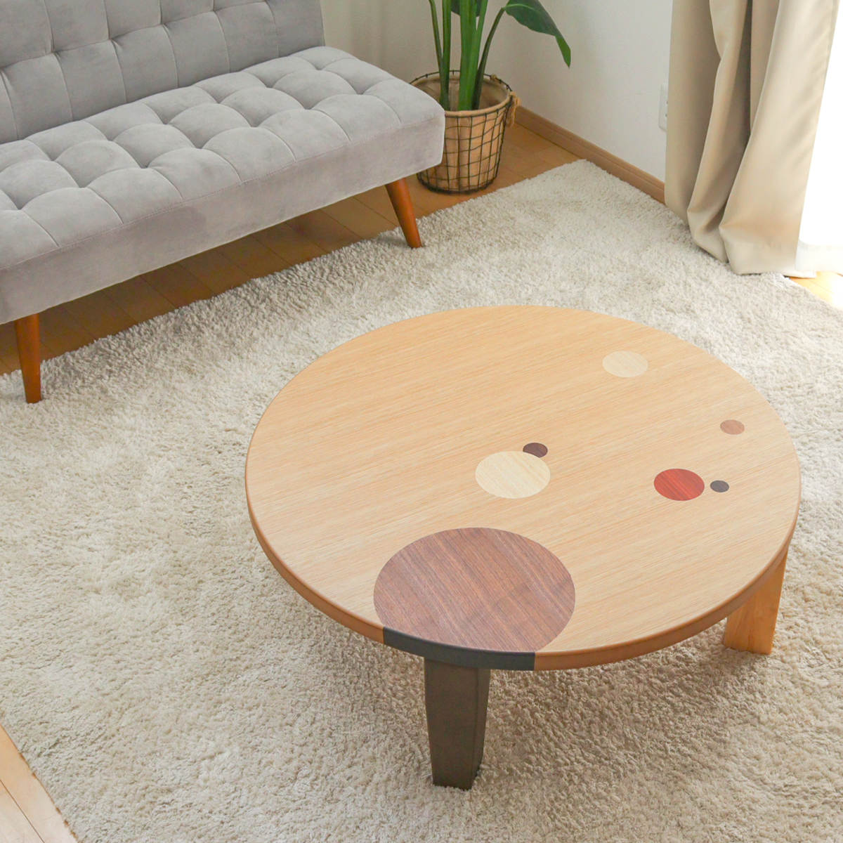 ローテーブル 折りたたみ 円型 直径90cm アース ( ナラ 象嵌入り 突板仕上げ 日本製 和風 円卓 ちゃぶ台 テーブル 天然木 木製 折り畳み 丸 2~3人用 円 ドット バイカラー 食卓 かわいい 和室 リビングテーブル 木製テーブル )