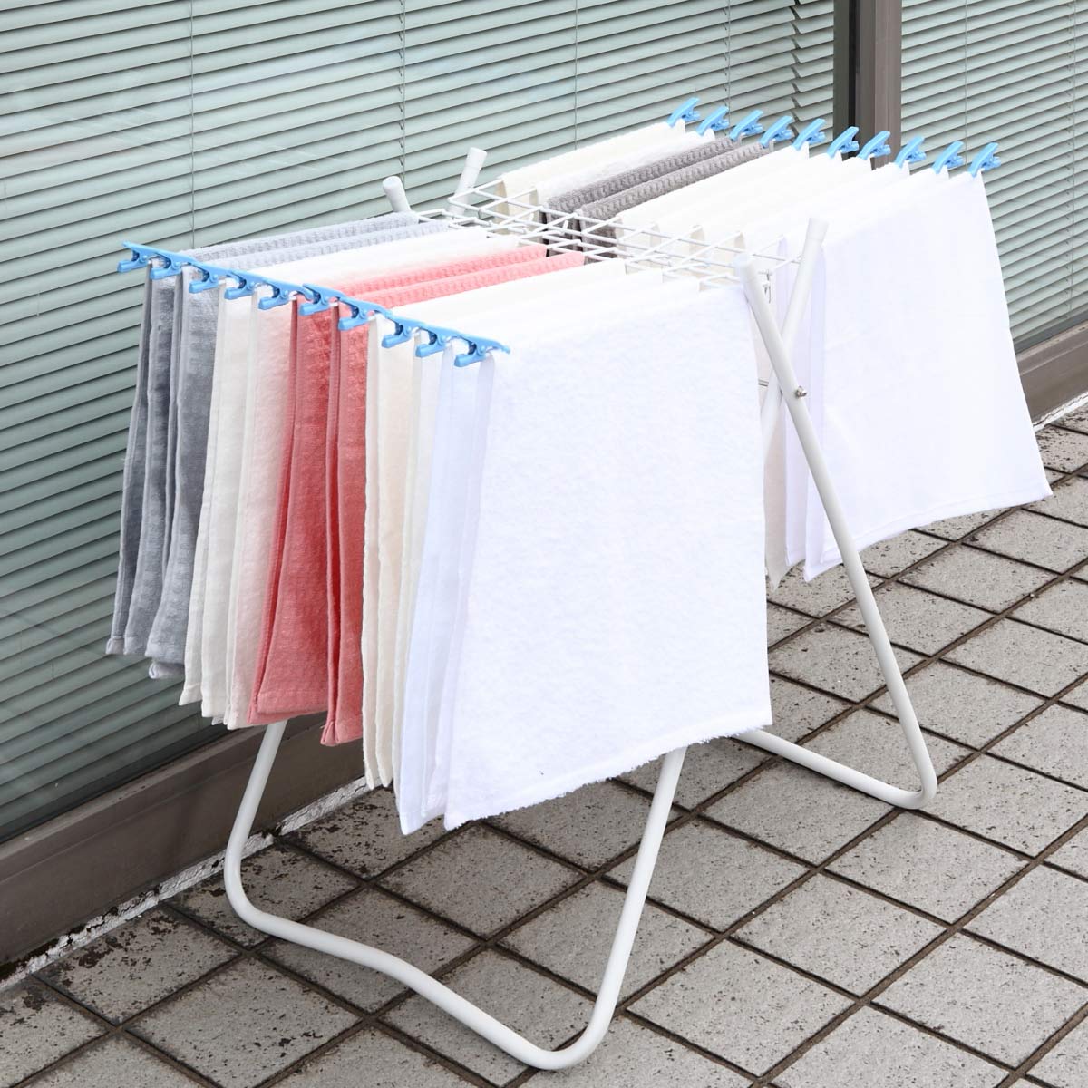 物干し 室内 スタンド物干しE20 DX ( タオル干し 洗濯 スタンド 折りたたみ 省スペース 20枚 タオル 平干し タオルハンガー ハンガーラック クリップ付 フェイスタオル ) 【ホワイト×ブラック】 ホワイト×ブラック