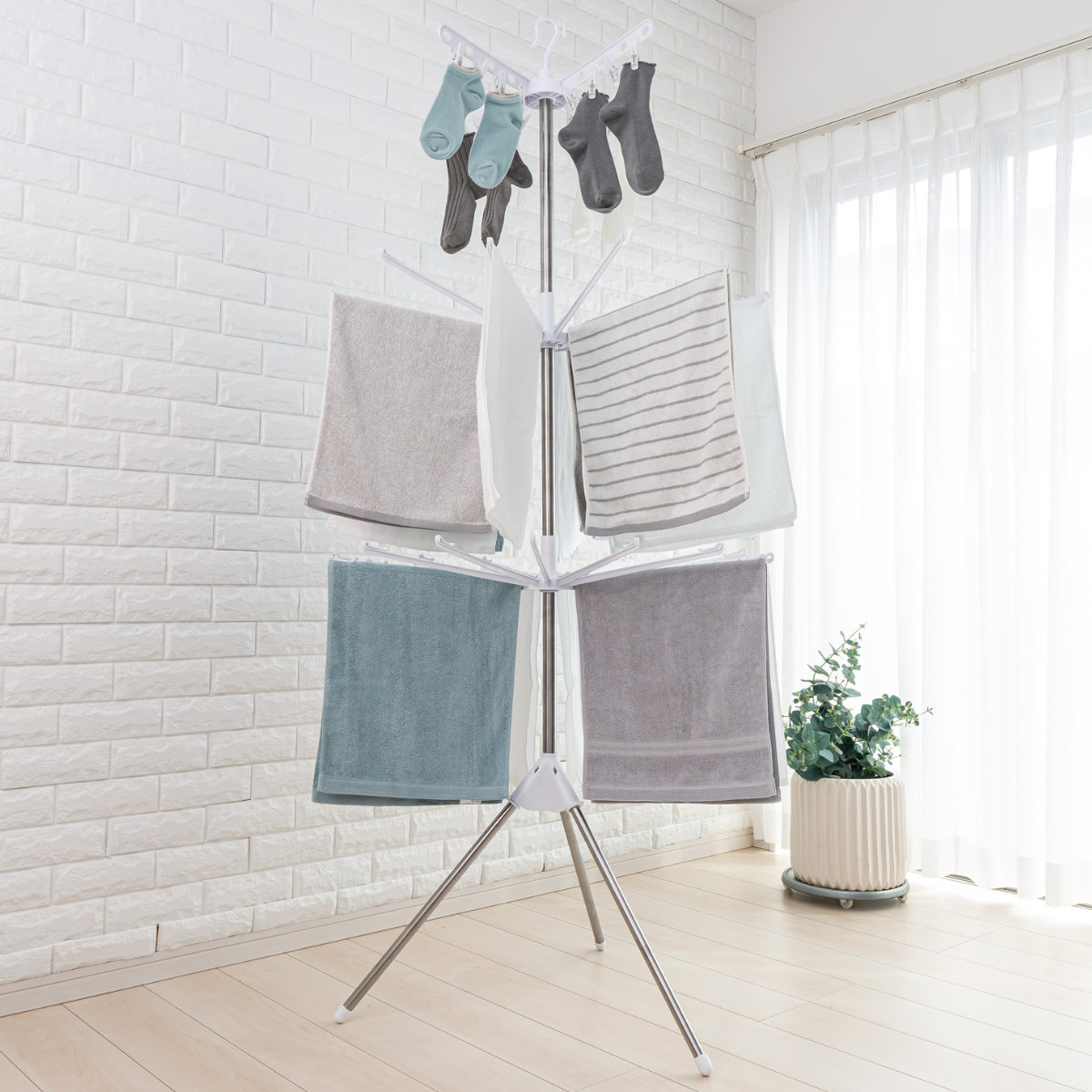 物干し コスモス 室内物干し 折りたたみ 3段 ( パラソルハンガー 物干しスタンド タオル干し 28枚 クリップ付き ピンチハンガー 室内干し パラソル ステンレス 三段 ピンチ 16個 折り畳み コンパクト 収納 )