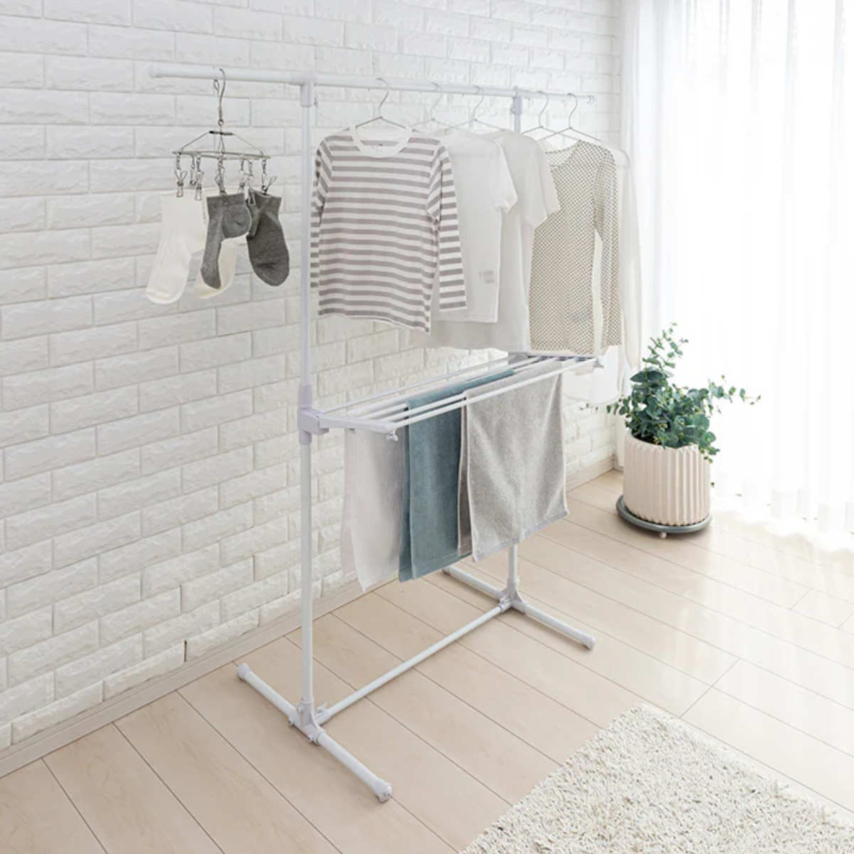 物干しスタンド 洗濯物干し 伸縮式物干し H型 タオルバー付き ( 物干し スタンド 伸縮式 室内物干し 折り畳み 物干し台 タオル干し 5枚 室内用物干し 大容量 組み立て簡単 タオルバー付 布団干し コンパクト 収納 ホワイト )