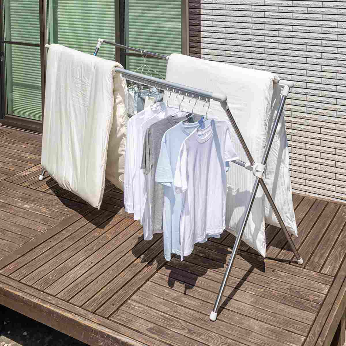 物干し 洗濯物干し 布団干し 伸縮式 X型 幅 134~230cm ( 物干しスタンド 伸縮 ステンレス製 ハンガーホルダー付き 折り畳み 室内用物干し 大容量 組み立て簡単 コンパクト 収納 シルバー )