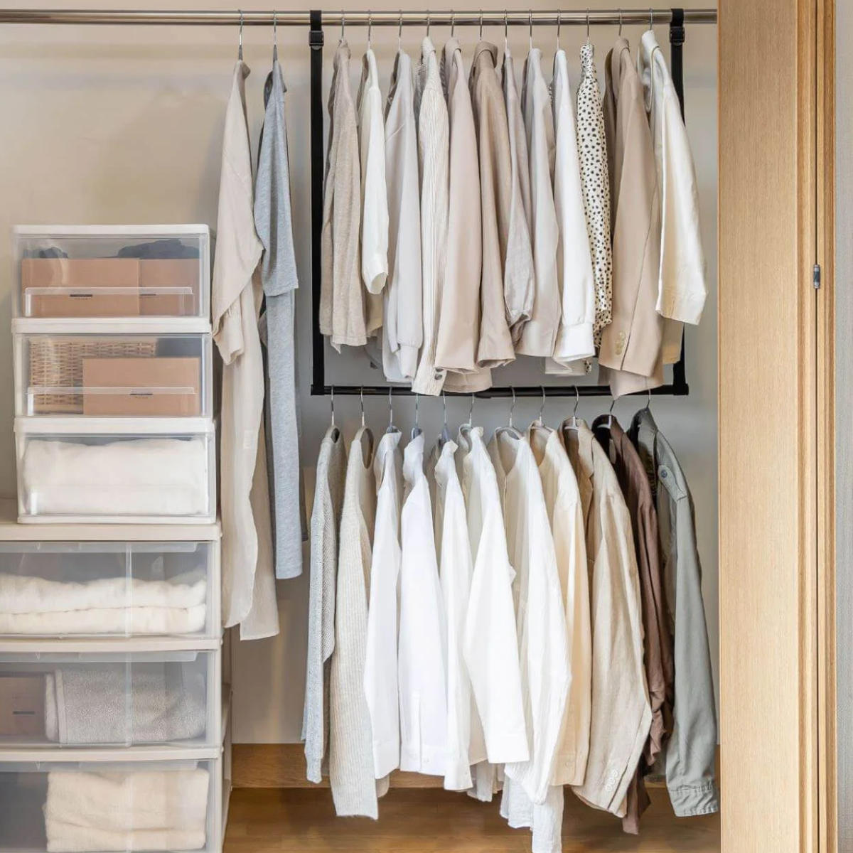 ハンガー 吊り下げハンガー クローゼット 収納 幅46~80×高さ最大100cm ( 伸縮 2段ハンガー 吊り下げ 収納力アップ クローゼット収納 ハンガーラック 吊り下げ収納 クローゼットハンガー 収納アップ 省スペース 衣類収納 大容量 )