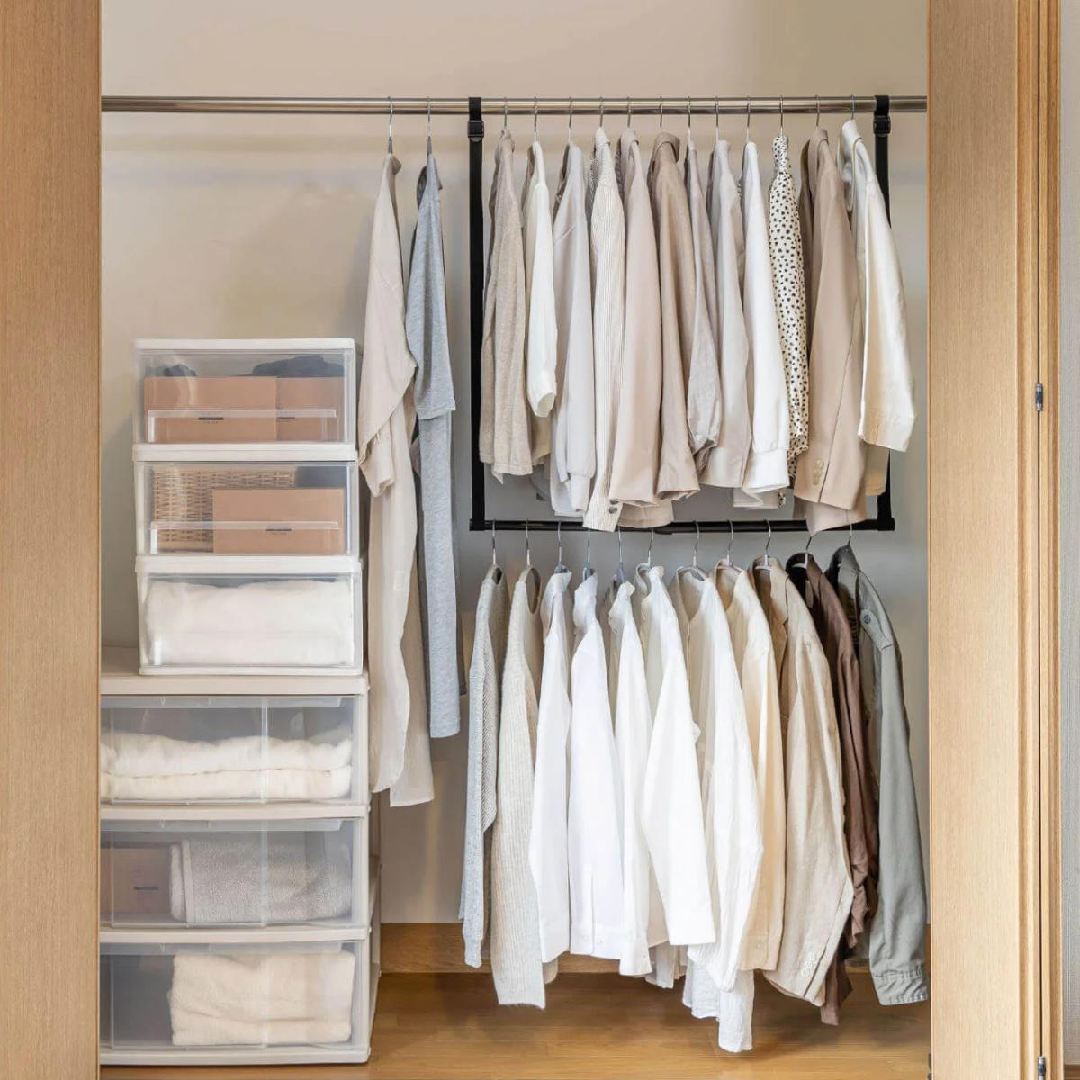 ハンガー 吊り下げハンガー クローゼット 収納 幅46~80×高さ最大100cm ( 伸縮 2段ハンガー 吊り下げ 収納力アップ クローゼット収納 ハンガーラック 吊り下げ収納 クローゼットハンガー 収納アップ 省スペース 衣類収納 大容量 )