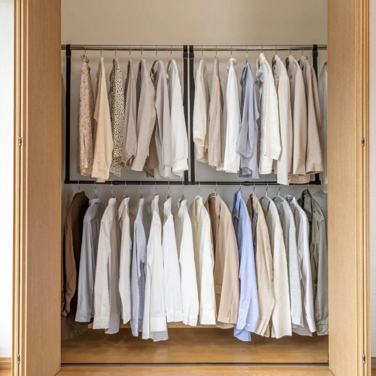 ハンガー 吊り下げハンガー クローゼット 収納 幅46~80×高さ最大100cm ( 伸縮 2段ハンガー 吊り下げ 収納力アップ クローゼット収納 ハンガーラック 吊り下げ収納 クローゼットハンガー 収納アップ 省スペース 衣類収納 大容量 )