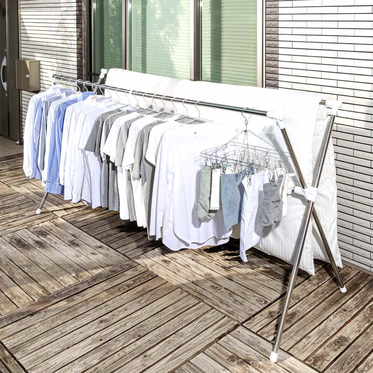 物干し 物干しスタンド 布団干し 伸縮タイプ ステンクラー ( 洗濯物干し 伸縮 X型 洗濯 布団 ハンガー 室内 屋外 大容量 折りたたみ 軽量 室内干し 部屋干し ベランダ ウッドデッキ クロス型 伸縮式 折り畳み )