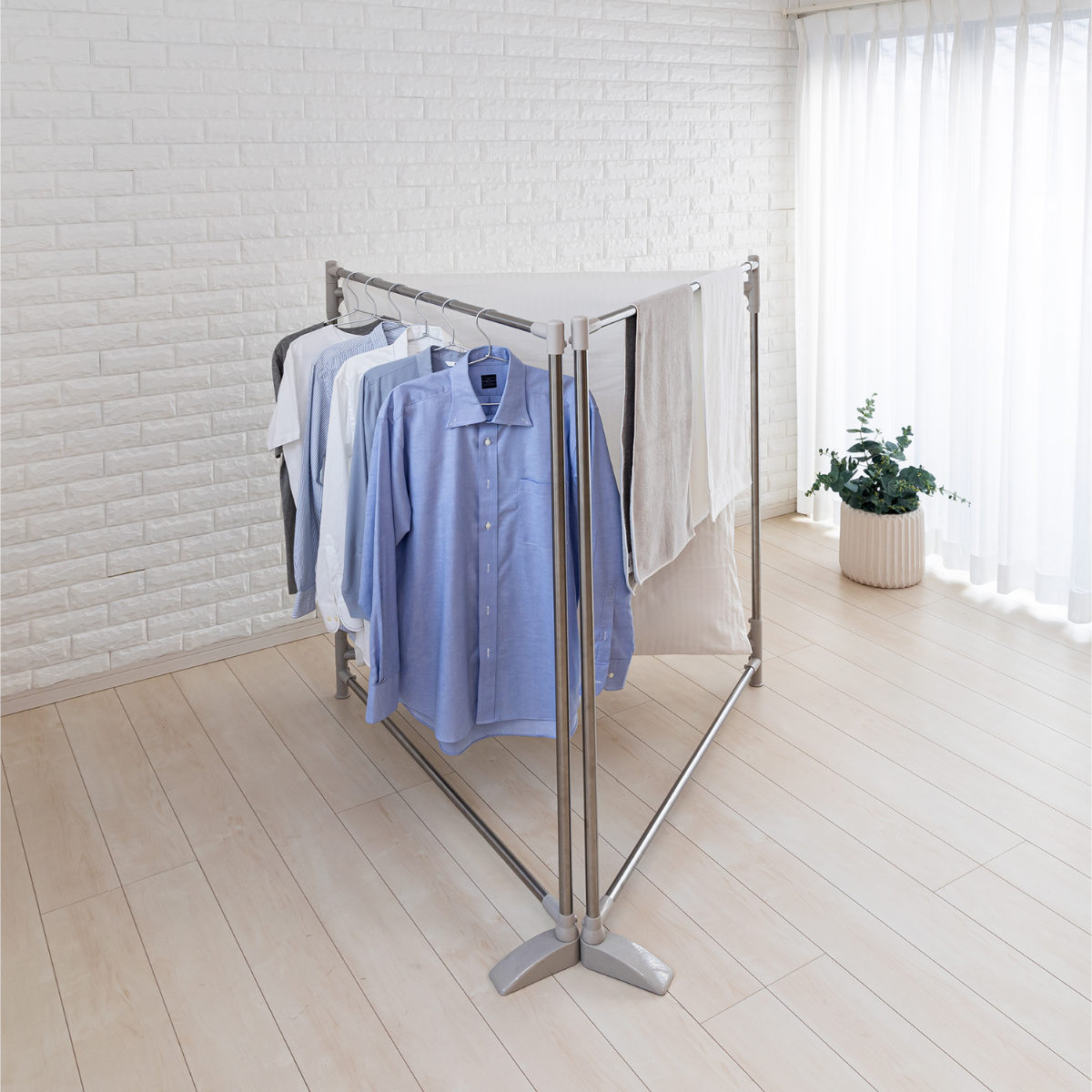 物干し 布団干し 洗濯物干し 専用伸縮竿付 折りたたみ ステンクラー ( 室内物干し 3連 伸縮竿 洗濯 布団 ハンガー 室内 コンパクト 軽量 室内干し 部屋干し 洗濯物 スタンド 省スペース 折り畳み 洗濯用品 )