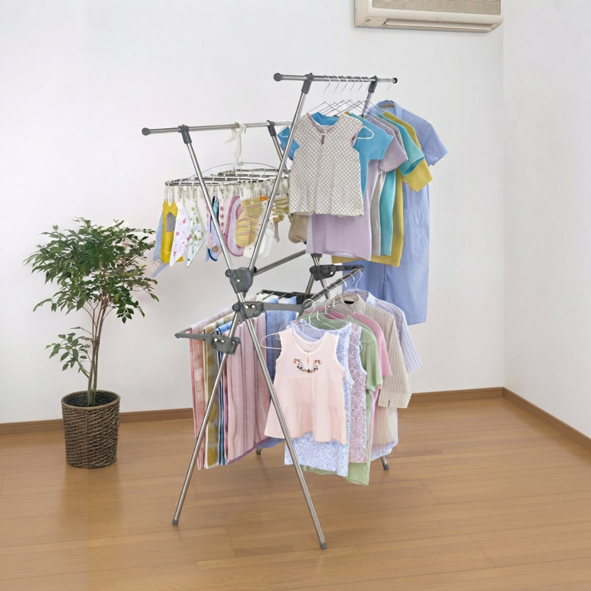 物干しスタンド 室内用 2段式物干しスタンド ステンレス ( 物干し 室内干し スタンド X型 折りたたみ 2段 伸縮 洗濯 衣類 ハンガー 室内 室内物干し 洗濯物干し 部屋干し 洗濯物 折り畳み コンパクト 収納 )