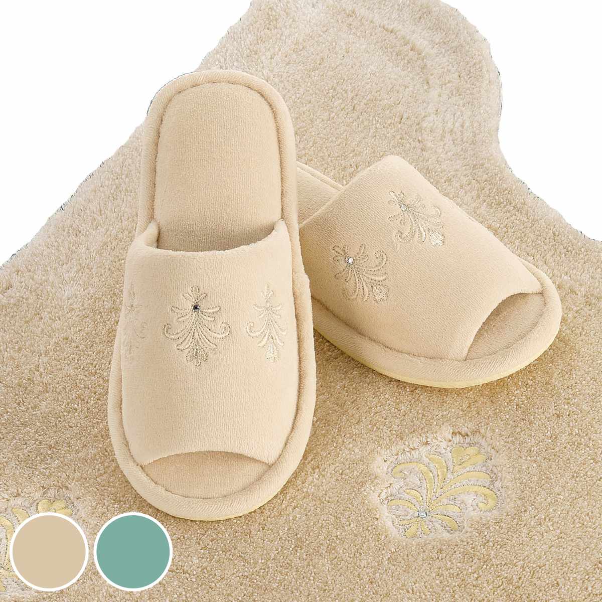 デコール・ミュゼ トイレスリッパ エンブレム フリーサイズ （ トイレ用スリッパ 前開き 洗濯可 ベロア生地 刺繍 サイズフリー トイレタリー ルームスリッパ 洗える ウォッシャブル ファブリック ラインストーン ベージュ グリーン ） 【ベージュ】