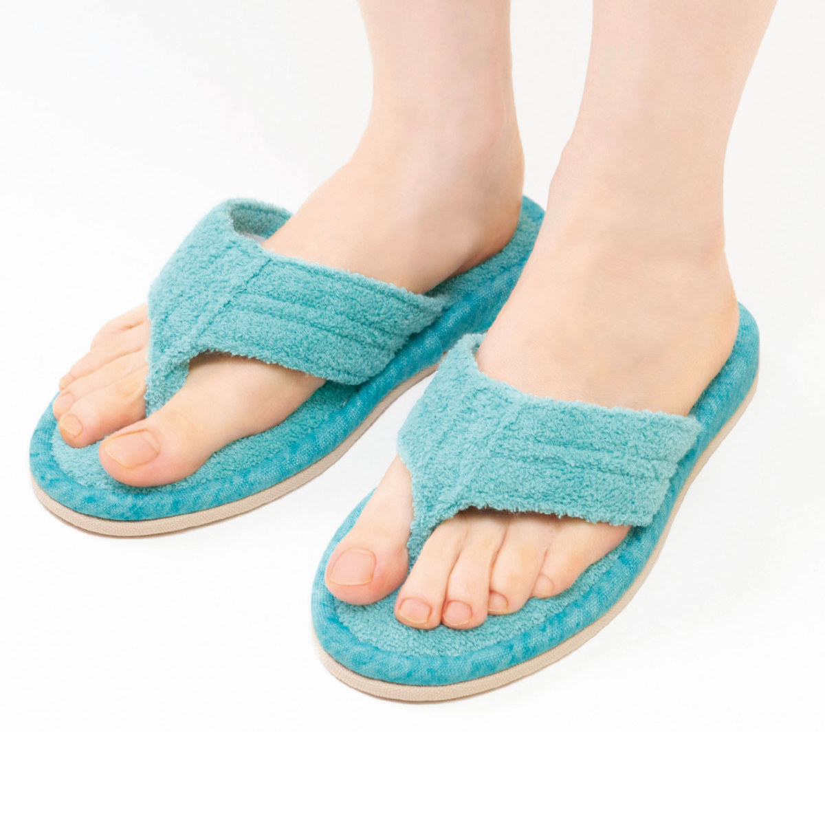 スリッパ モラ 鼻緒スリッパ 4サイズ 21.0~28.0cm ( 洗える 夏用 湯上がり 鼻緒付き タオル地 洗濯機 ルームシューズ 室内履き サンダル 丸洗い 滑り止め 低反発 お風呂上り 綿 レディース メンズ ユニセックス サイズ豊富 ) 【ターコイズブルー L】 ターコイズブルー L