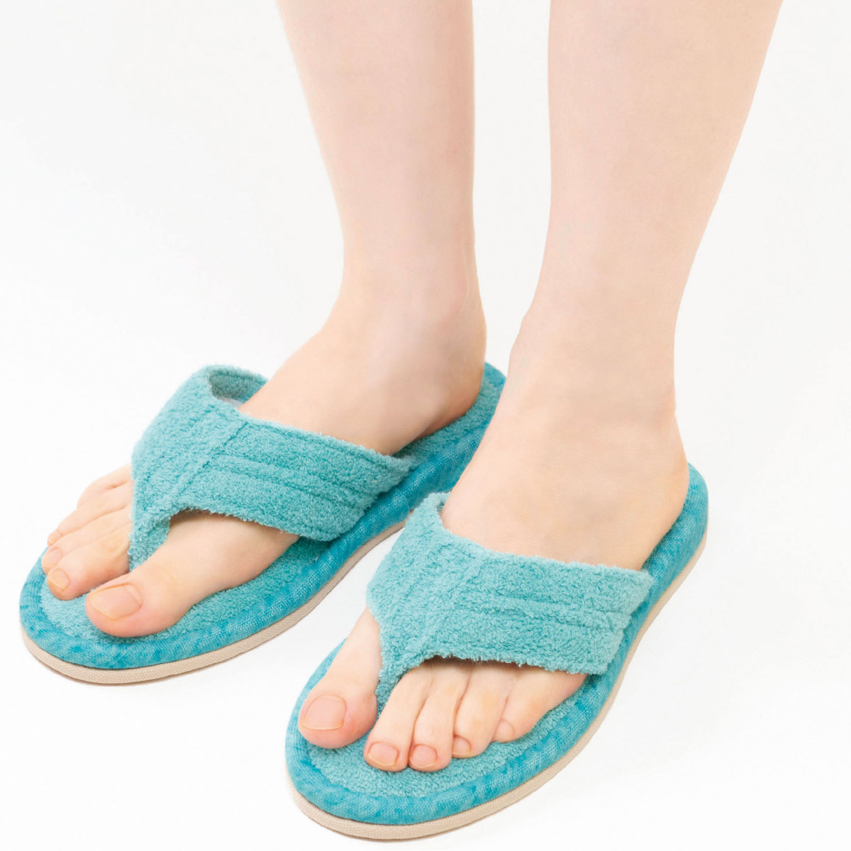 スリッパ モラ 鼻緒スリッパ 4サイズ 21.0~28.0cm ( 洗える 夏用 湯上がり 鼻緒付き タオル地 洗濯機 ルームシューズ 室内履き サンダル 丸洗い 滑り止め 低反発 お風呂上り 綿 レディース メンズ ユニセックス サイズ豊富 ) 【ターコイズブルー L】 ターコイズブルー L