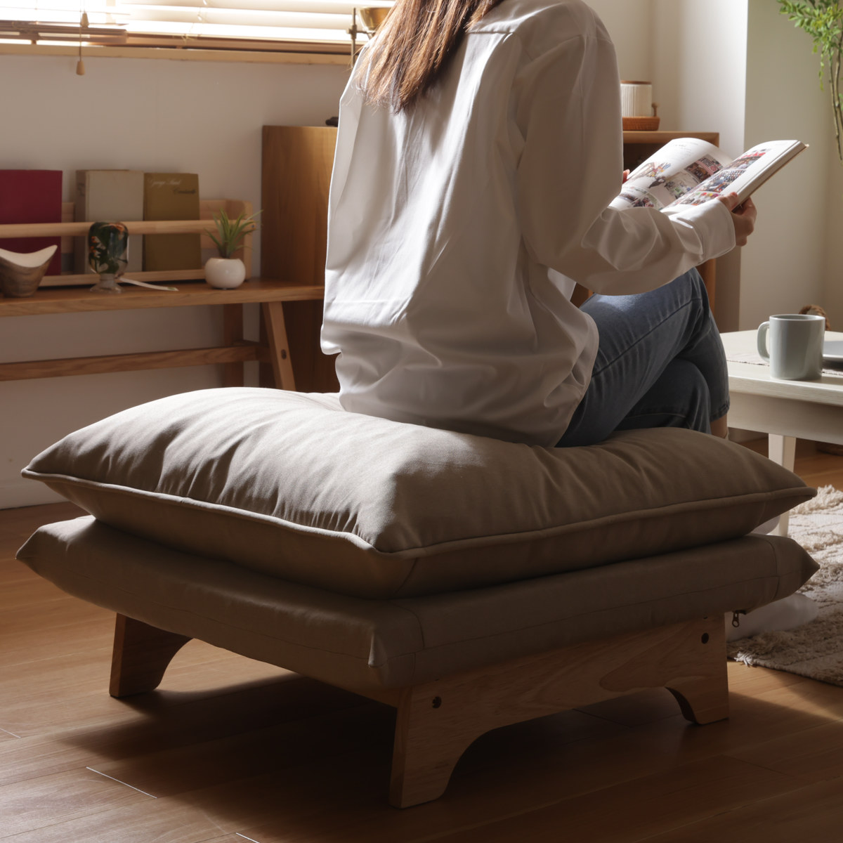 スツール オットマン 高さ43cm 木製脚付 コーデュロイ生地 ダリアン・デニム調生地 ( 1人掛け チェア ワイド 椅子 天然木 フレーム ファブリック 北欧 ナチュラル ) 【アッシュグレー】 アッシュグレー