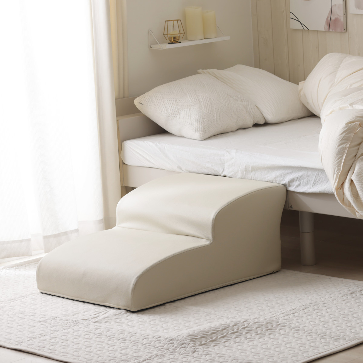 ドッグステップ ワイド 2段 小型犬用 階段型ソファ ( ペットソファ ペット ステップ スロープ クッション シンプル 無地 PVC生地 レザー調 お手入れ簡単 ) 【グレー】 グレー