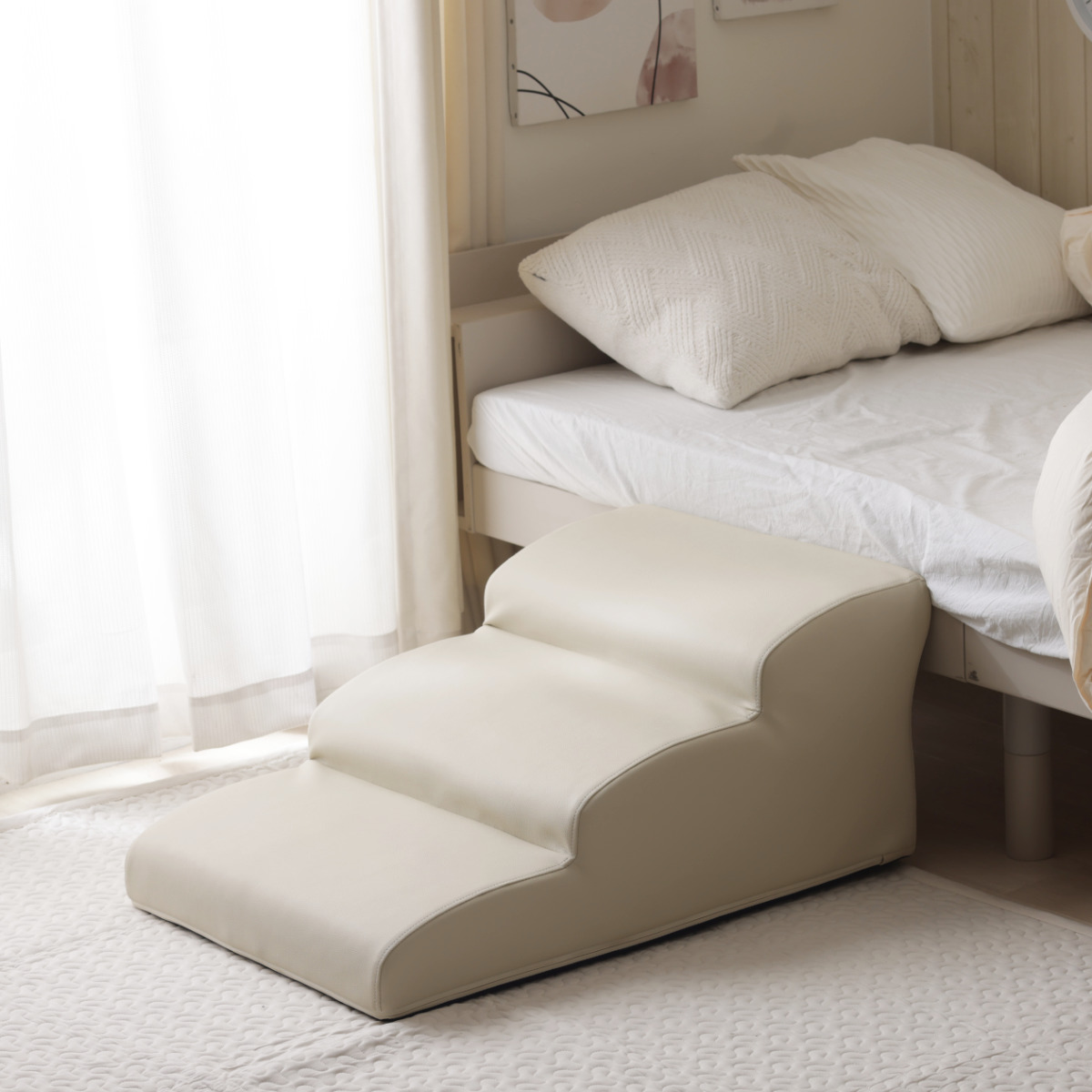 ドッグステップ ワイド 3段 小型犬用 階段型ソファ ( ペットソファ ペット ステップ スロープ クッション シンプル 無地 PVC生地 レザー調 お手入れ簡単 ) 【グレー】 グレー