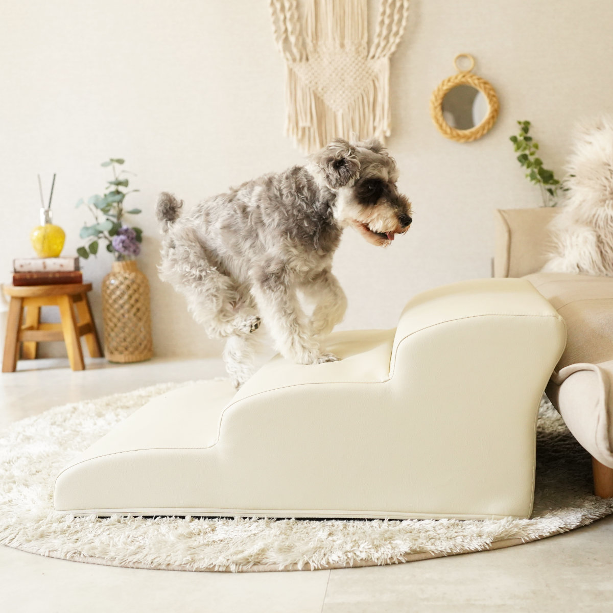 ドッグステップ ワイド 3段 小型犬用 階段型ソファ ( ペットソファ ペット ステップ スロープ クッション シンプル 無地 PVC生地 レザー調 お手入れ簡単 ) 【グレー】 グレー