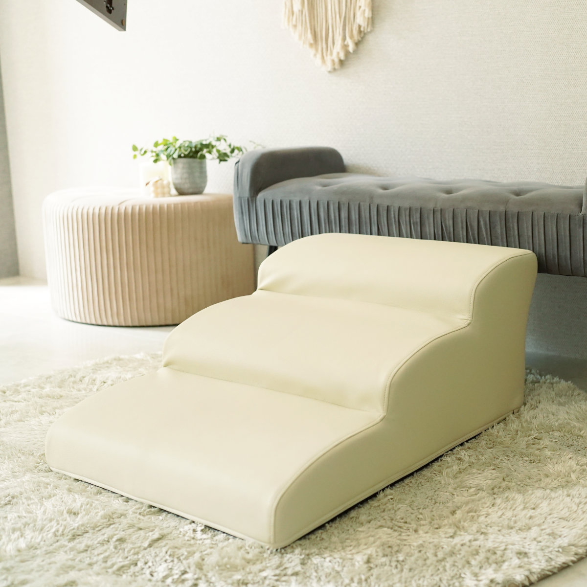 ドッグステップ ワイド 3段 小型犬用 階段型ソファ ( ペットソファ ペット ステップ スロープ クッション シンプル 無地 PVC生地 レザー調 お手入れ簡単 ) 【グレー】 グレー