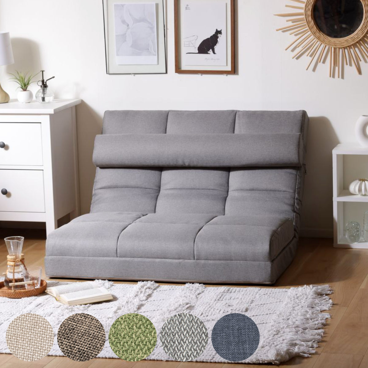 ローソファ 2人掛け 幅100cm ハイバックタイプ ソファベッド 3way ダリアン生地 タスク生地 デニム調生地 （ ソファ カウチソファ ベッド リクライニング 14段階 日本製 クッション付き ソファー 2人掛けソファ ） 【グレー】