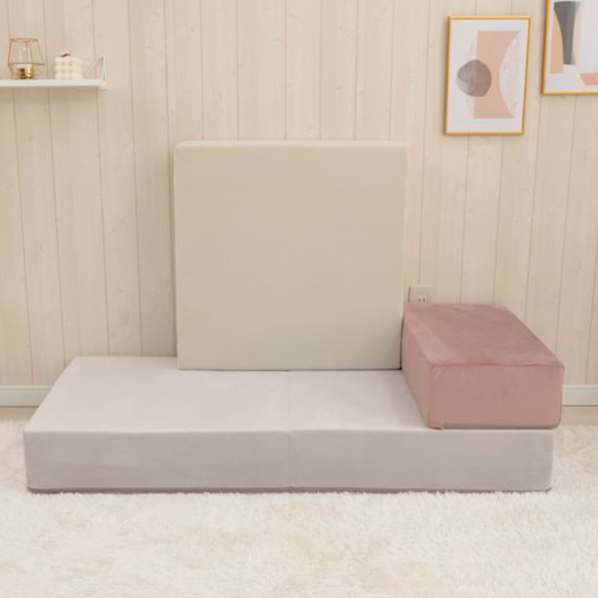 ソファ 幅120cm ブロックソファ Lサイズ ベロア調 ( ソファー リビングソファ マットレス フロアソファ ローソファ 脚なし 組み合わせ レイアウト 自由 カバーリング 洗える コンパクト 1人掛け 2人掛け おしゃれ 日本製 ) 【パールホワイト】 パールホワイト