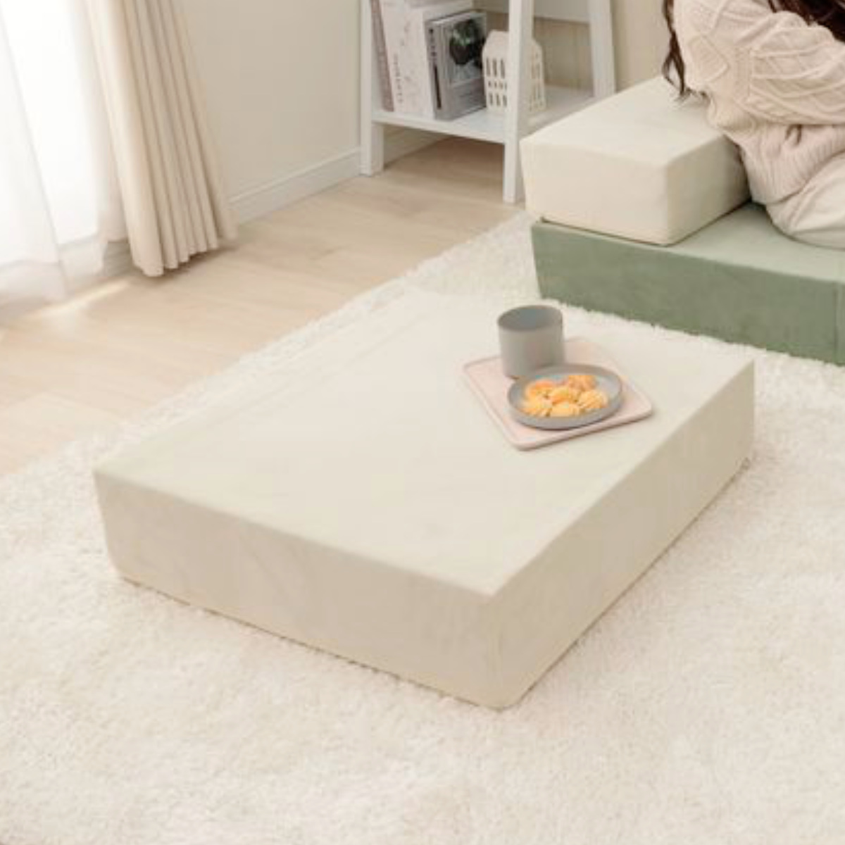 ソファ 幅60cm ブロックソファ Mサイズ ベロア調 ( ソファー リビングソファ マットレス フロアソファ ローソファ 脚なし 組み合わせ レイアウト 自由 カバーリング 洗える コンパクト 1人掛け おしゃれ 日本製 クッション ) 【アーモンドグリーン】 アーモンドグリーン