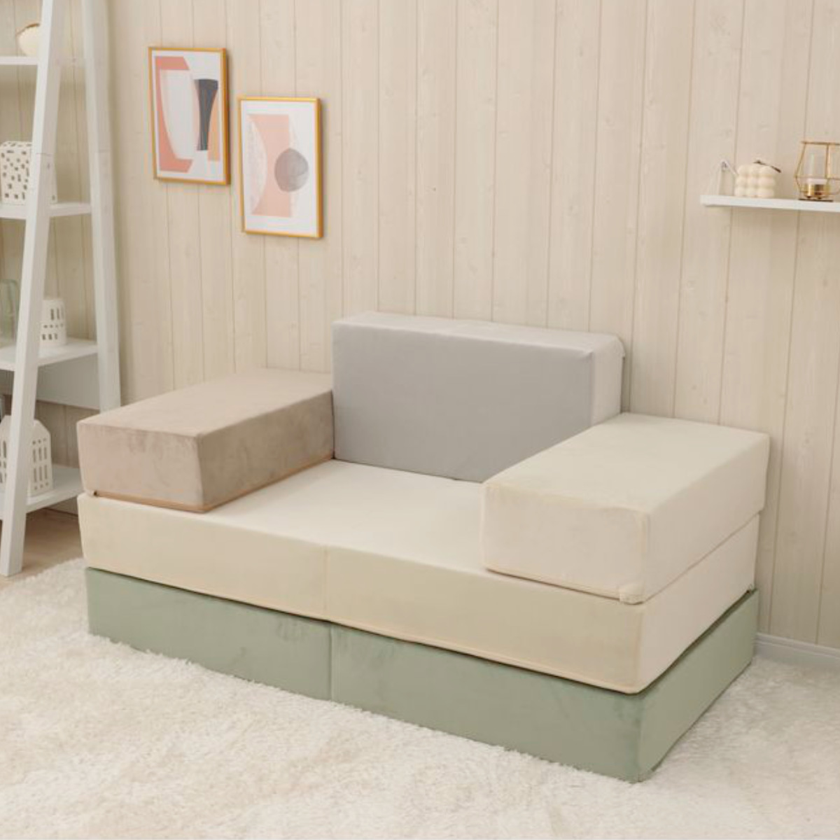 ソファ 幅60cm ブロックソファ Mサイズ ベロア調 ( ソファー リビングソファ マットレス フロアソファ ローソファ 脚なし 組み合わせ レイアウト 自由 カバーリング 洗える コンパクト 1人掛け おしゃれ 日本製 クッション ) 【アーモンドグリーン】 アーモンドグリーン