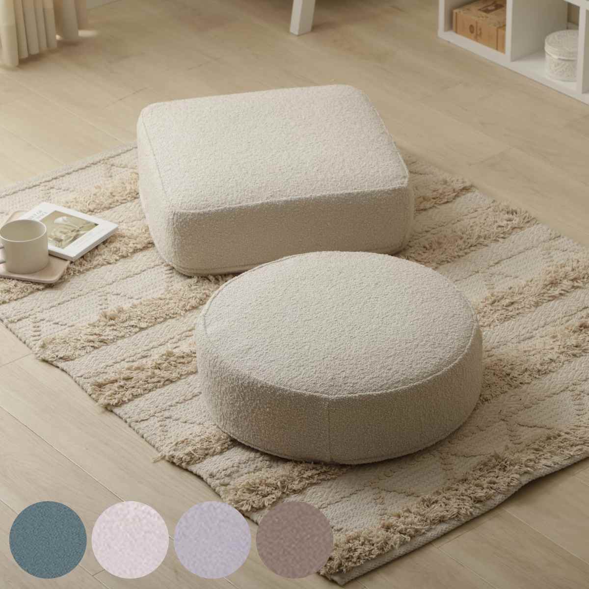 カバーが洗える低反発スクエアクッション ブークレ生地 ( フロアクッション 直径48cm 円形 四角 ソファ リビング 日本製 リラックス 座布団 枕 オットマン 座椅子 持ち運び 低反発 カバー取り外し 丸型 角型 厚み インテリア ) 【ブラウン ラウンド】