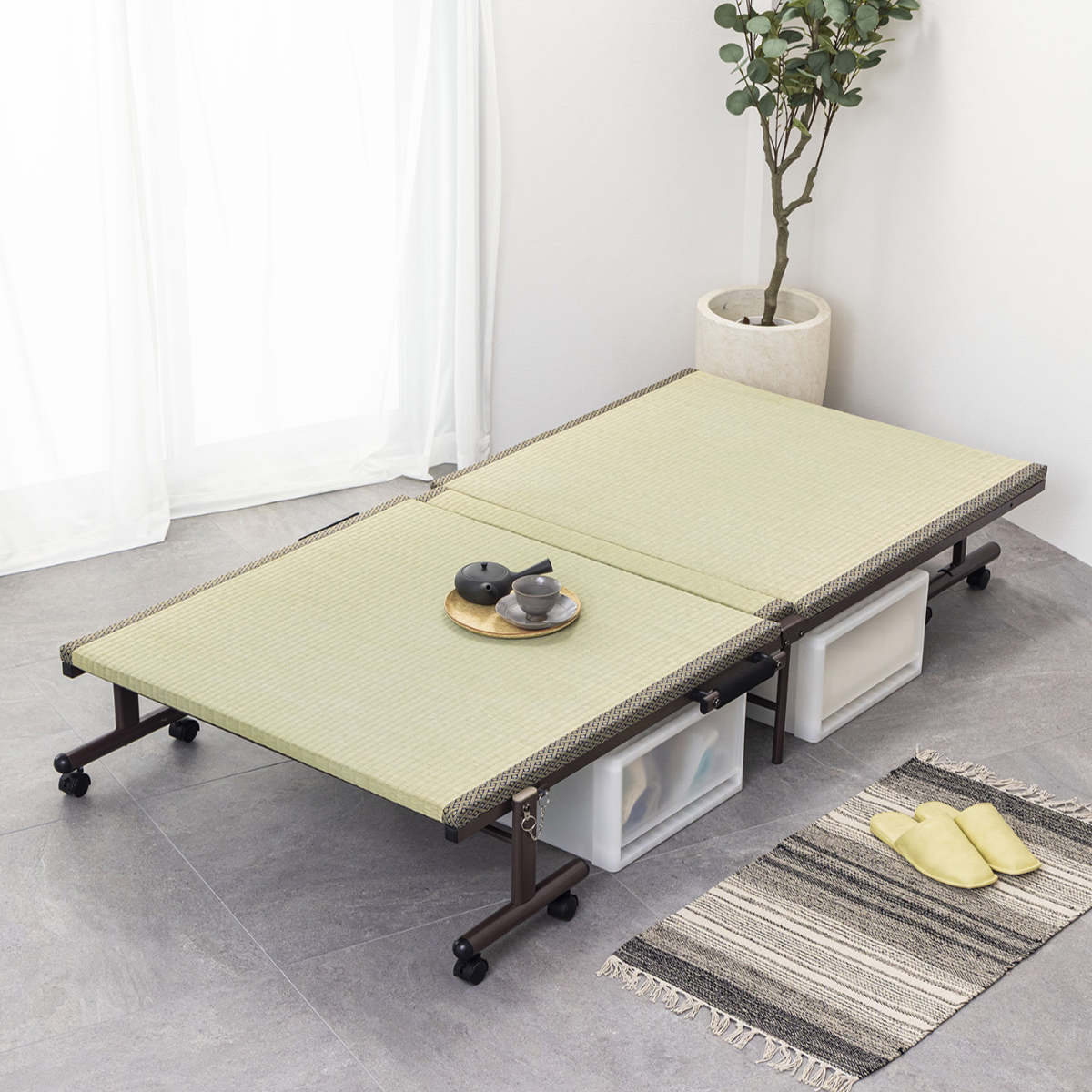 折りたたみベッド 畳ベッド シングル キャスター 収納 ( 折りたたみ ベッド 畳 畳める コンパクト 折りたたみ式 省スペース たたみ 天然い草 抗菌 調湿 消臭 )