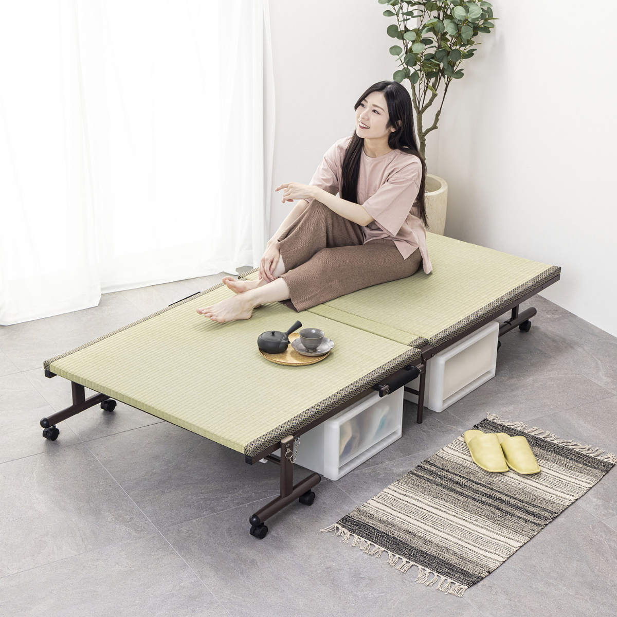 折りたたみベッド 畳ベッド シングル キャスター 収納 ( 折りたたみ ベッド 畳 畳める コンパクト 折りたたみ式 省スペース たたみ 天然い草 抗菌 調湿 消臭 )