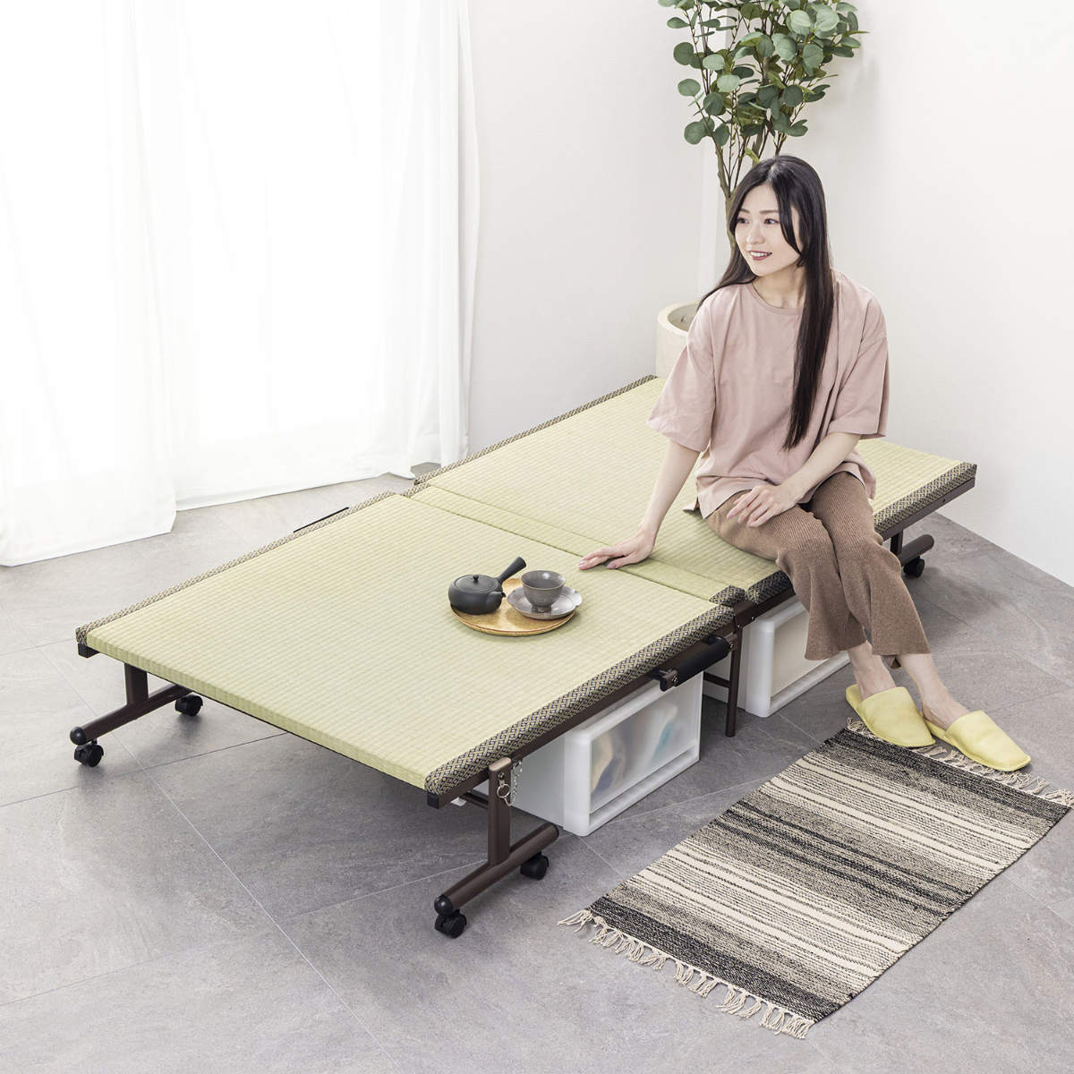 折りたたみベッド 畳ベッド シングル キャスター 収納 ( 折りたたみ ベッド 畳 畳める コンパクト 折りたたみ式 省スペース たたみ 天然い草 抗菌 調湿 消臭 )