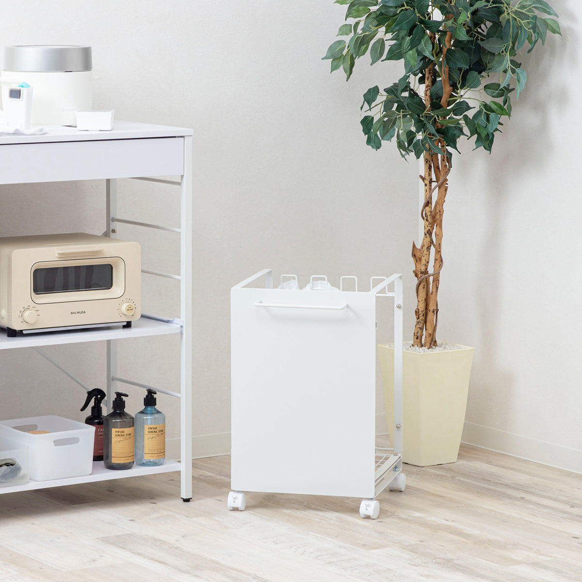 ゴミ箱 分別 ダストボックスワゴン 幅35cm キャスター付き ( ごみ箱 レジ袋スタンド 目隠し レジ袋ハンガー ゴミ袋ホルダー 最大4分別 棚下設置 キッチン ふた無し スチール製 )