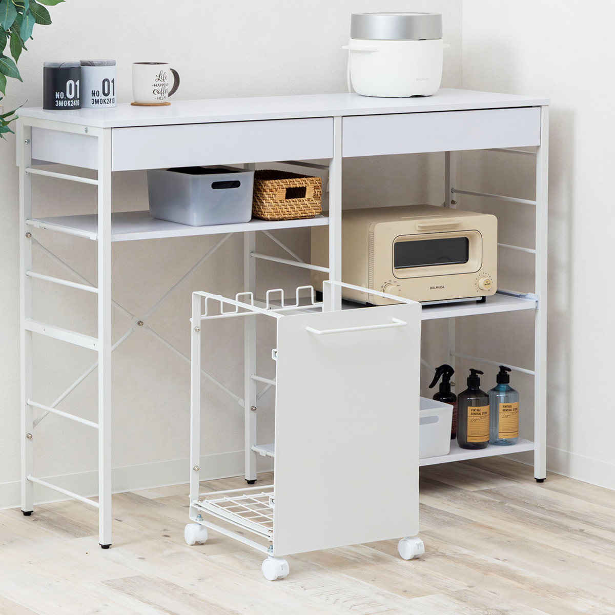 ゴミ箱 分別 ダストボックスワゴン 幅35cm キャスター付き ( ごみ箱 レジ袋スタンド 目隠し レジ袋ハンガー ゴミ袋ホルダー 最大4分別 棚下設置 キッチン ふた無し スチール製 )