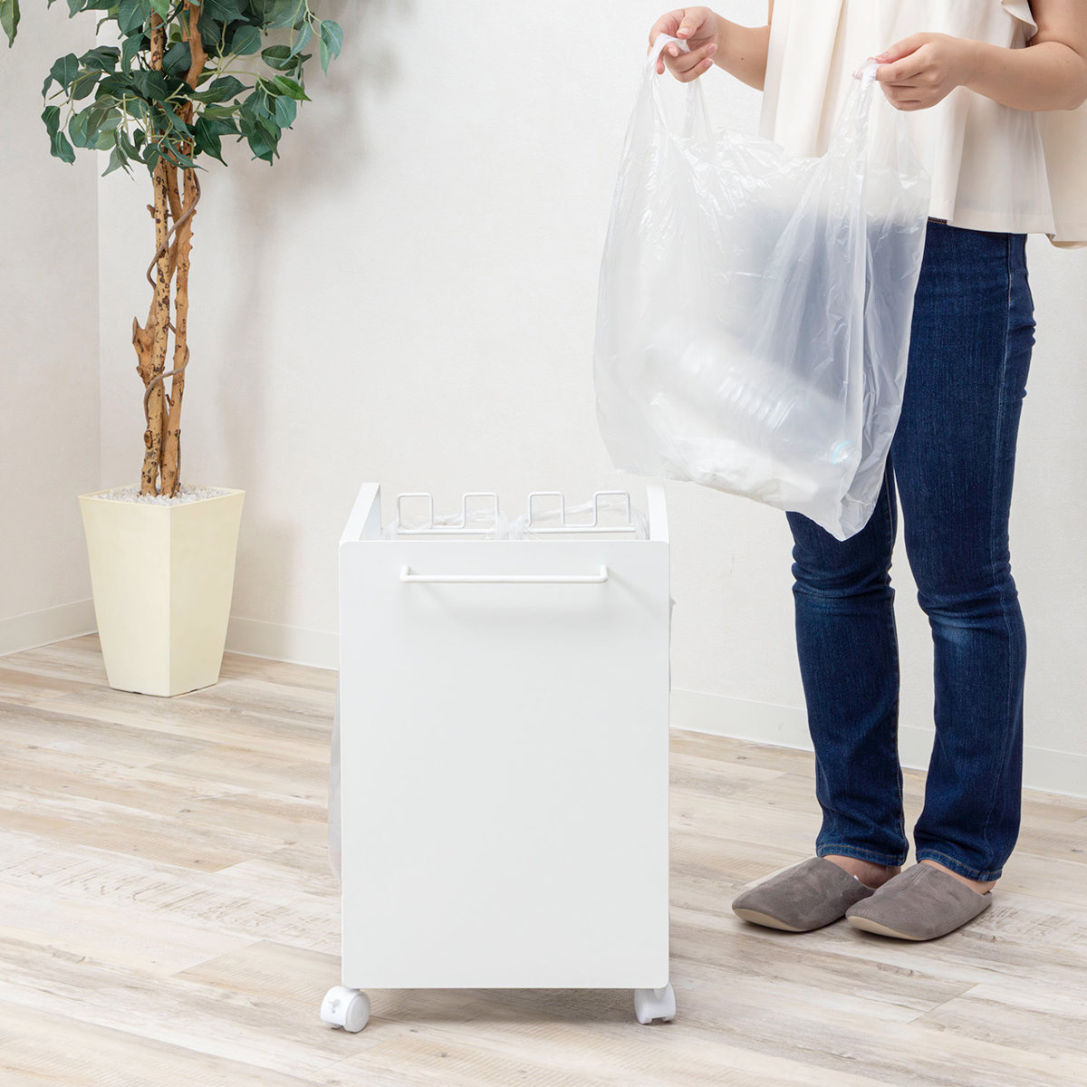 ゴミ箱 分別 ダストボックスワゴン 幅35cm キャスター付き ( ごみ箱 レジ袋スタンド 目隠し レジ袋ハンガー ゴミ袋ホルダー 最大4分別 棚下設置 キッチン ふた無し スチール製 )