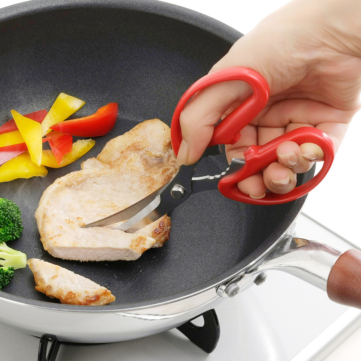 キッチンばさみ カーブ 刃先ガード付き 下ごしらえ用 日本製 ( キッチンはさみ 料理用はさみ 調理用 まな板いらず 料理用 はさみ ハサミ ステンレス刃 ギザ刃 カーブ刃 ガード付き 耐熱 下ごしらえ 肉 )