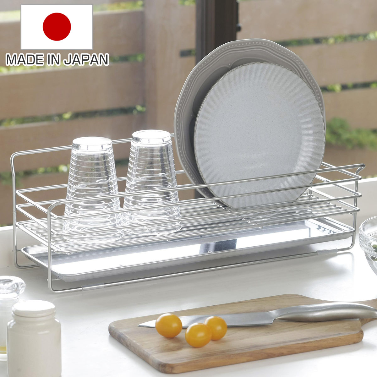 水切りラック 奥のスペースに置ける スリム水切りラック ステンレス製 ( 水切りかご 水切りカゴ 水切りバスケット スリム ステンレス 省スペース 日本製 ディッシュラック スライドトレー付き 食器 水切り 洗い物 食器洗い 乾燥 )