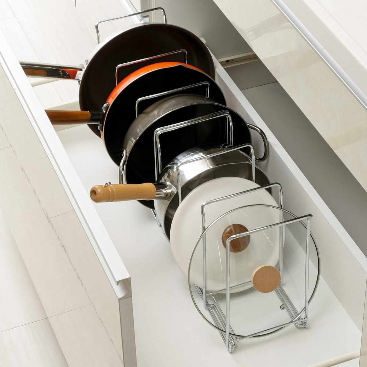 フライパンラック タテ ヨコ 両用 2個組 ( フライパンスタンド キッチンラック 鍋 蓋 収納 スチールラック 日本製 縦置き 横置き 引出し 扉内 シンク下収納 鍋蓋 フタ )