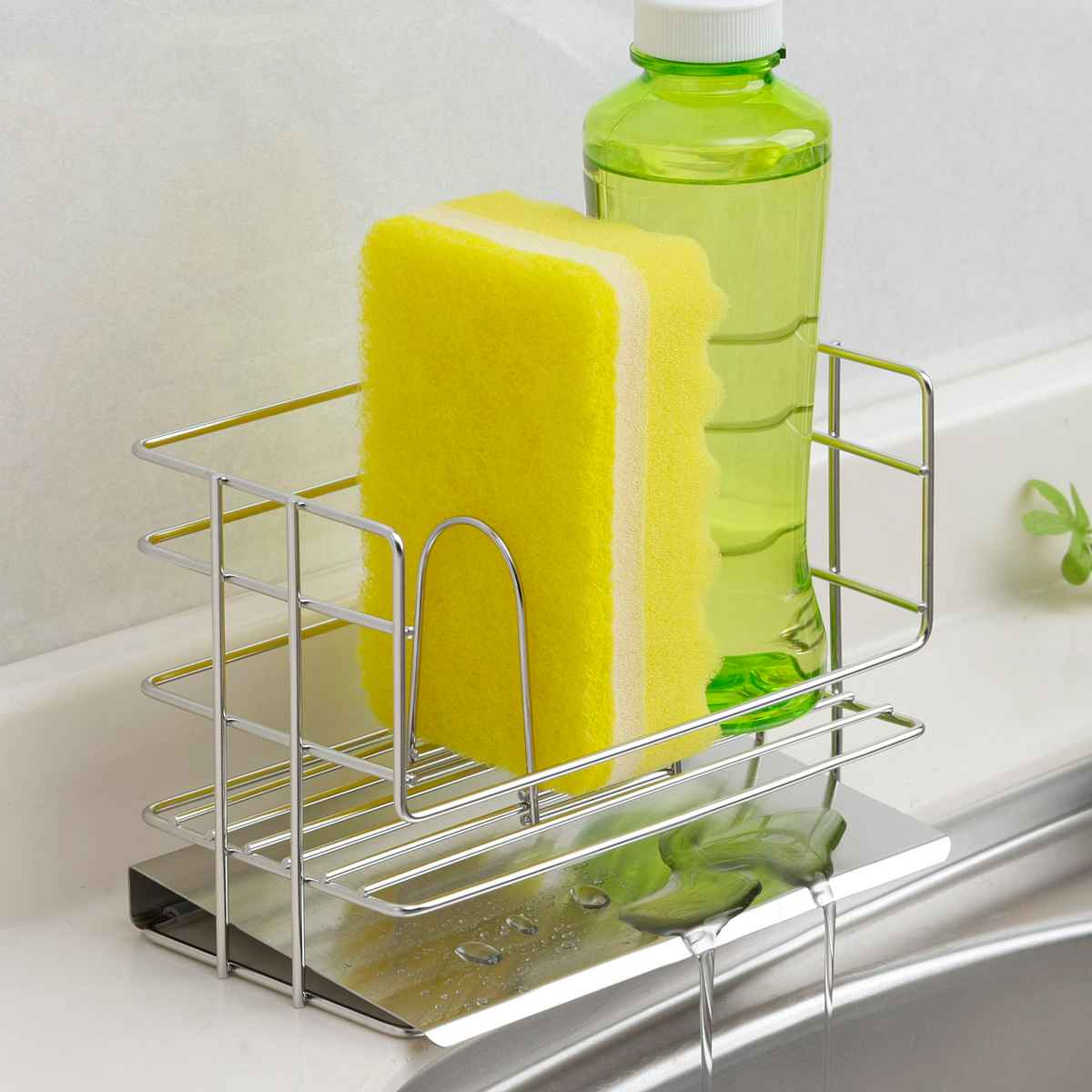 スポンジラック 斜めトレー付 洗剤スポンジラック ミニ ( ステンレス 日本製 スポンジホルダー スポンジ置き スポンジ入れ 洗剤ラック ボトルホルダー 洗剤置き 水が流れる トレー たわし置き スリム コンパクト 置き型 )